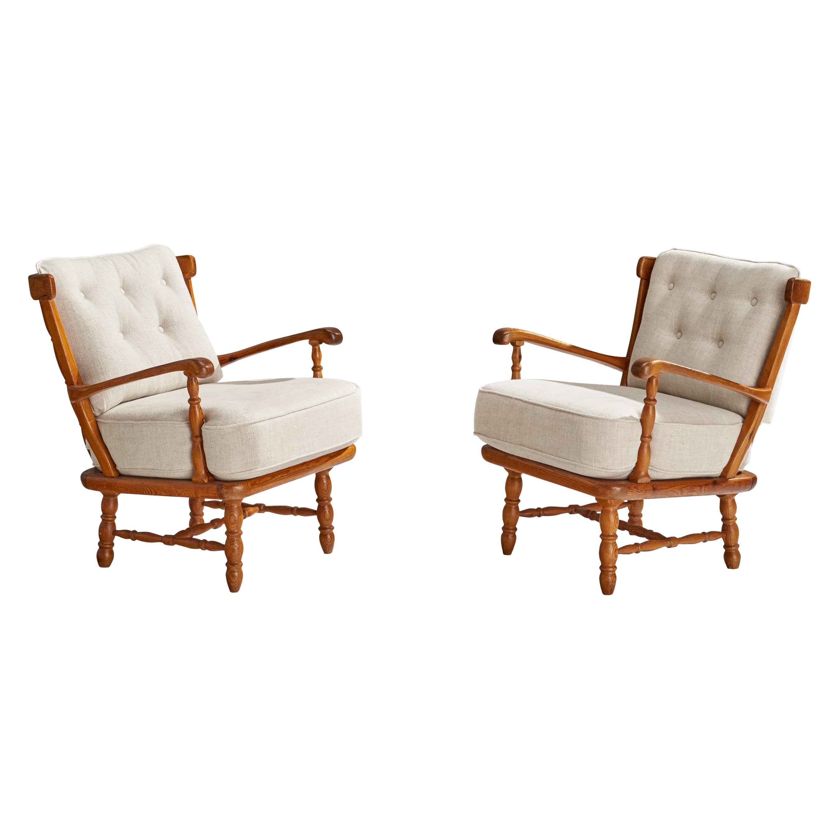 Göperts, Lounge Chairs, Pine, Fabric, Sweden, 1950s For Sale