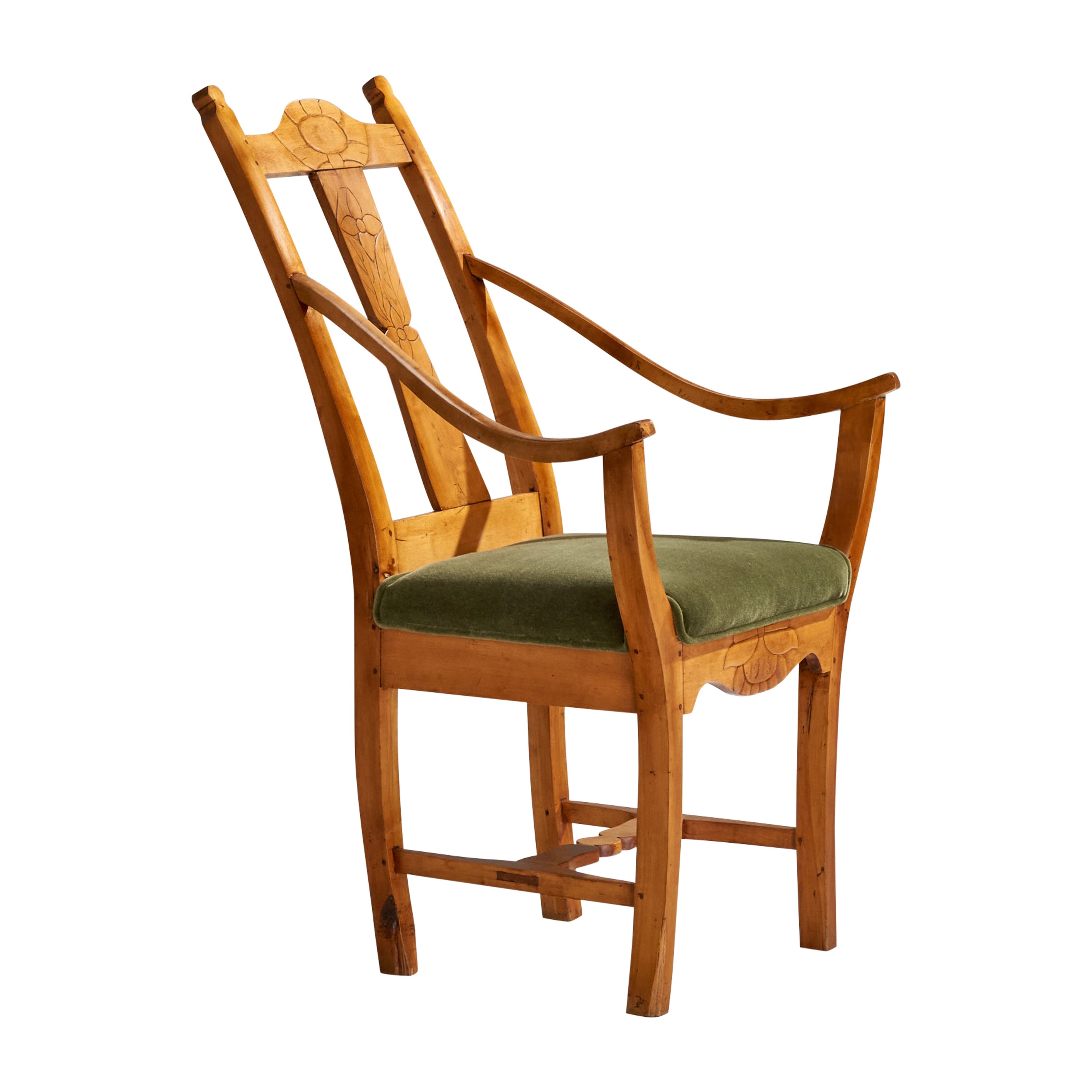 Swedish Designer, Armchair, Wood, Velvet, Sweden, 1915 For Sale