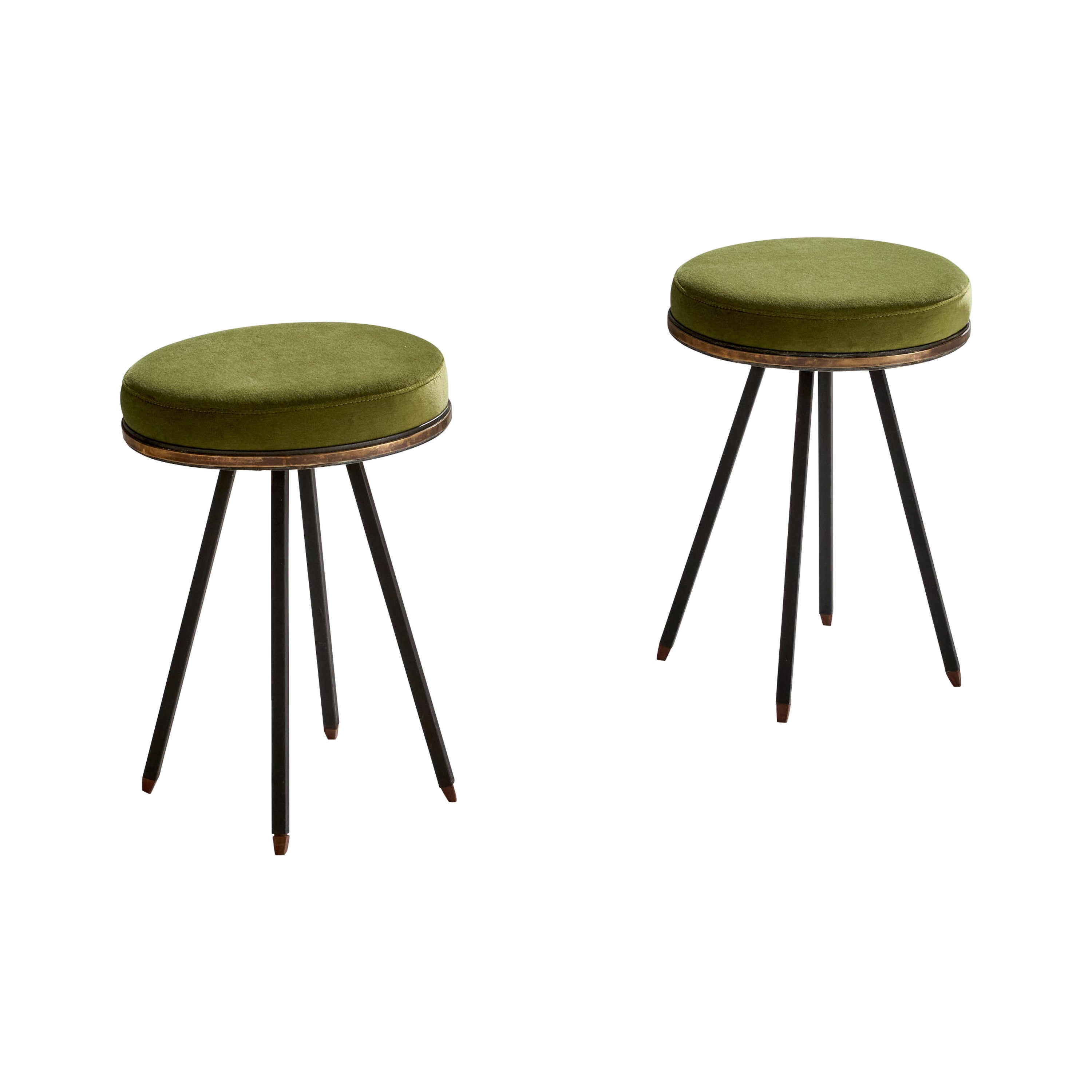 Italian Designer, Stools, Metal, Brass, Velvet, Italy, 1940s