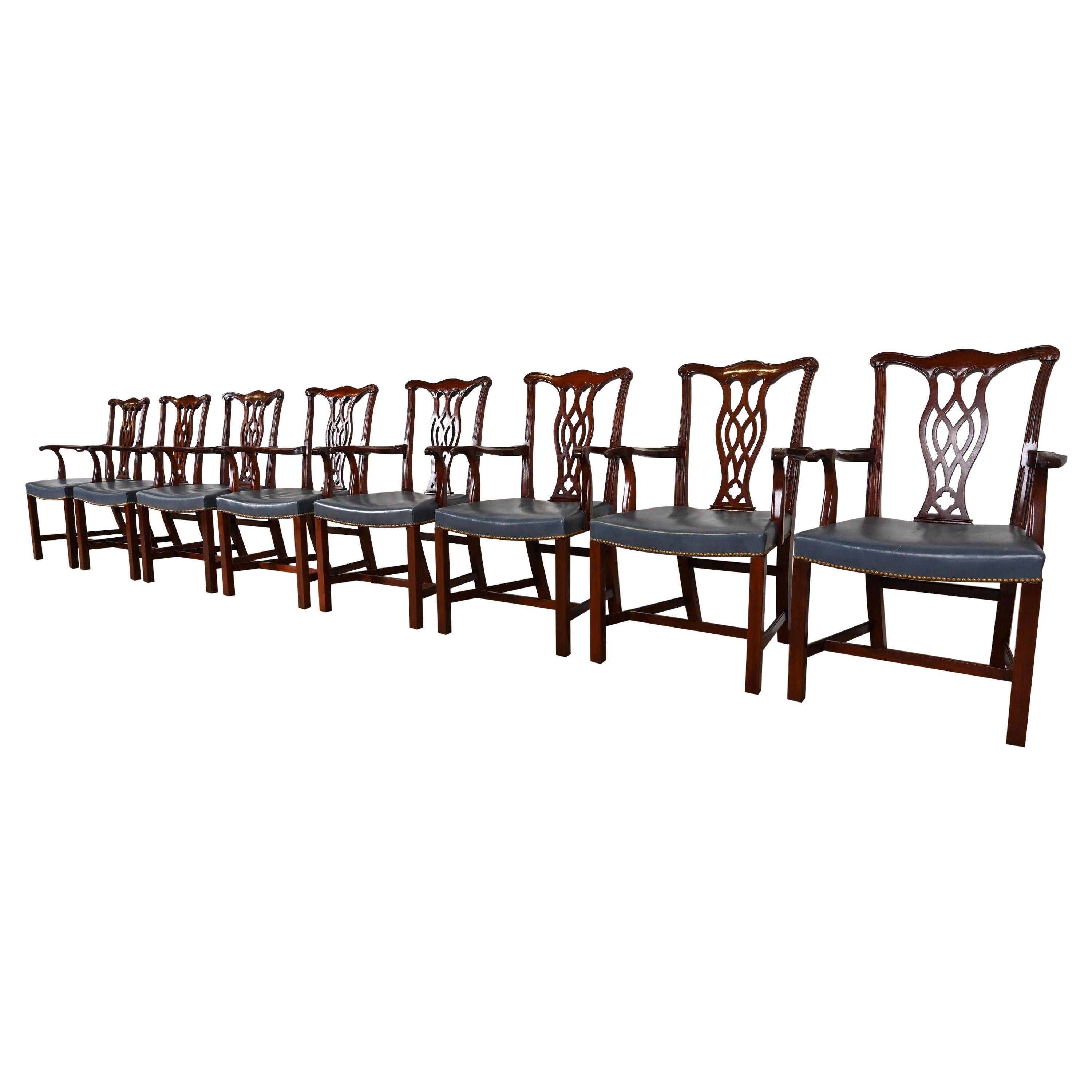 Hickory Chair Georgian Mahogany Leather Upholstered Dining Arm Chairs, Set of 8 For Sale