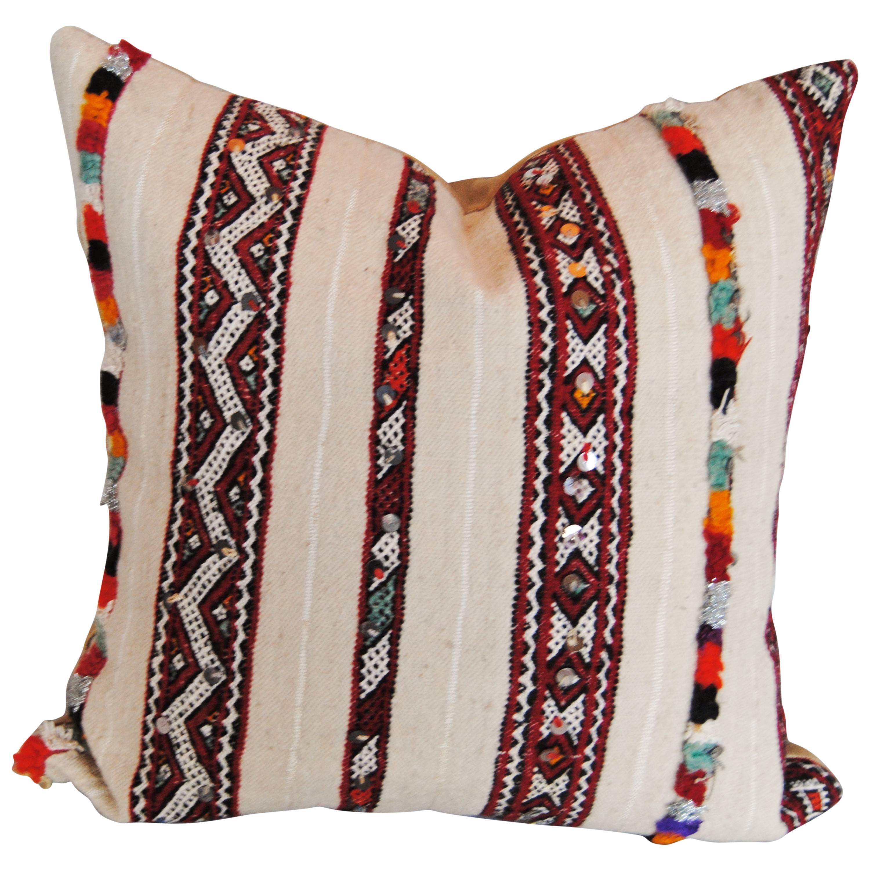 Moroccan Hand-Loomed Wool Custom Pillow with Sequins and Tufting For Sale