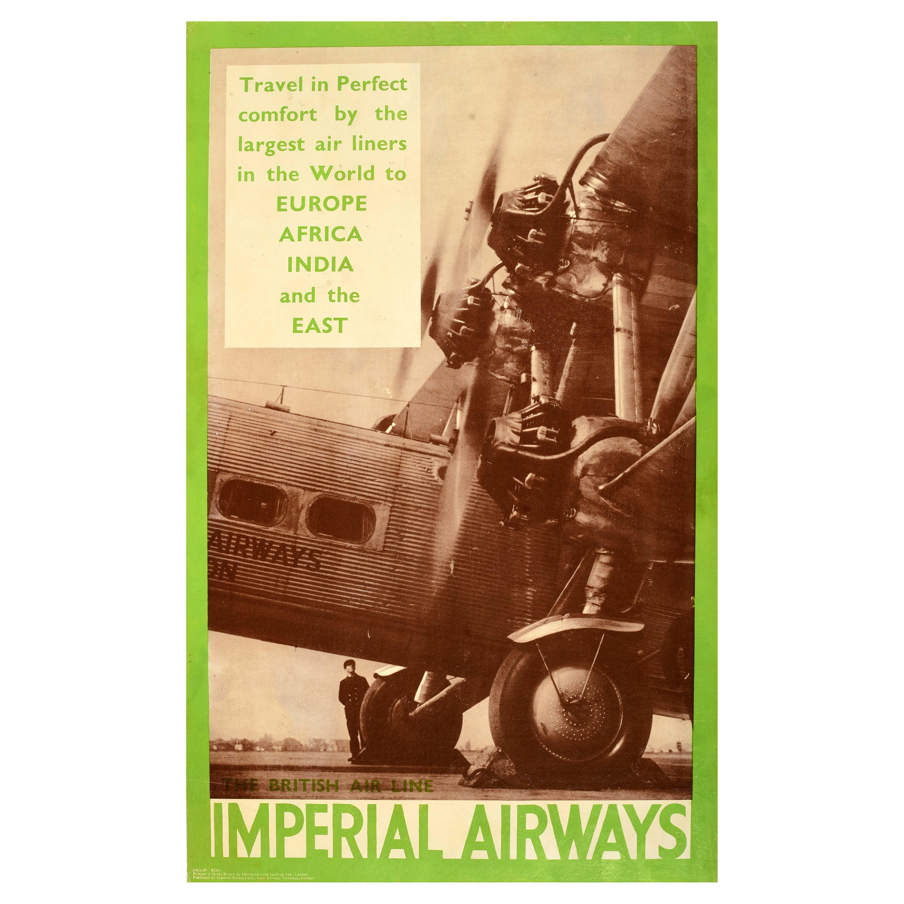 Original Vintage Travel Poster Imperial Airways British Airline Heracles Plane For Sale