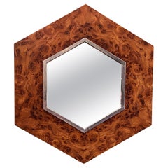 French Modern Mirror of Burled Elm  and Chrome (H 27 3/4 x W 24)