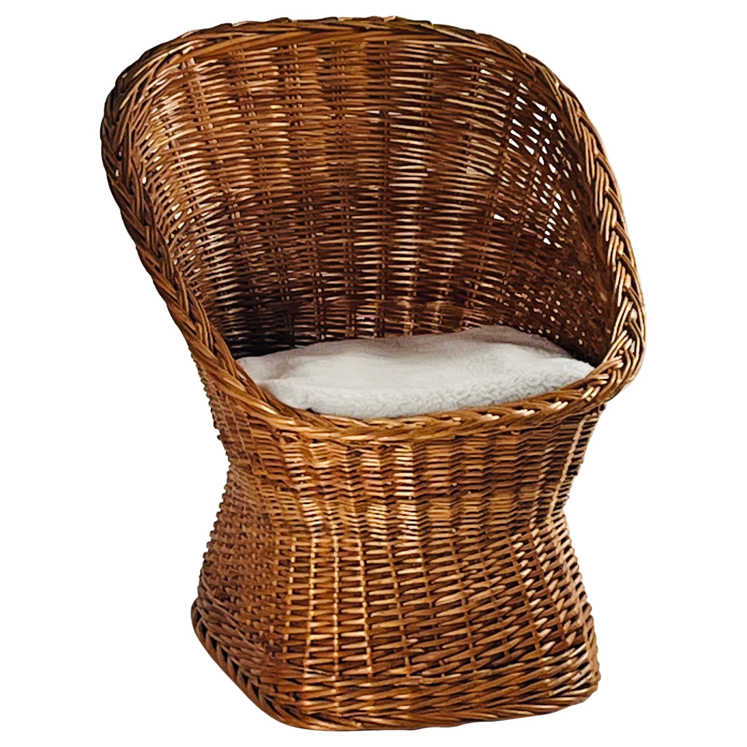 Woven Rattan Wicker Barrel Chair with Shearling Pad For Sale