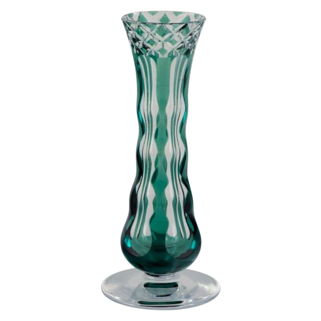 Val St. Lambert, Belgium. Faceted crystal vase in green and clear glass.  For Sale