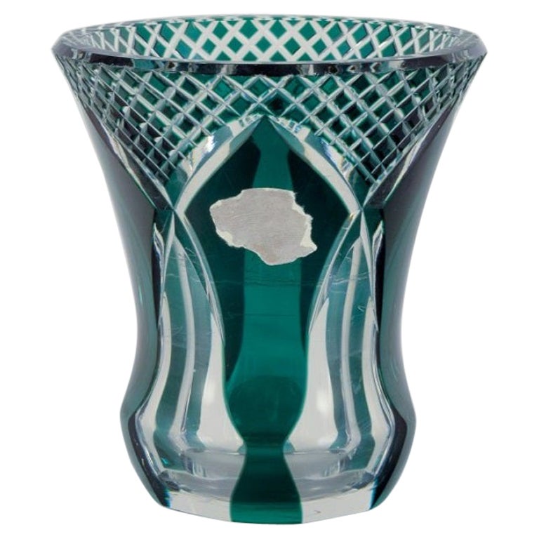 Val St. Lambert, Belgium. Faceted crystal vase in green and clear glass. For Sale