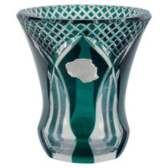 Vintage Val St. Lambert, Belgium. Faceted crystal vase in green and clear glass.
