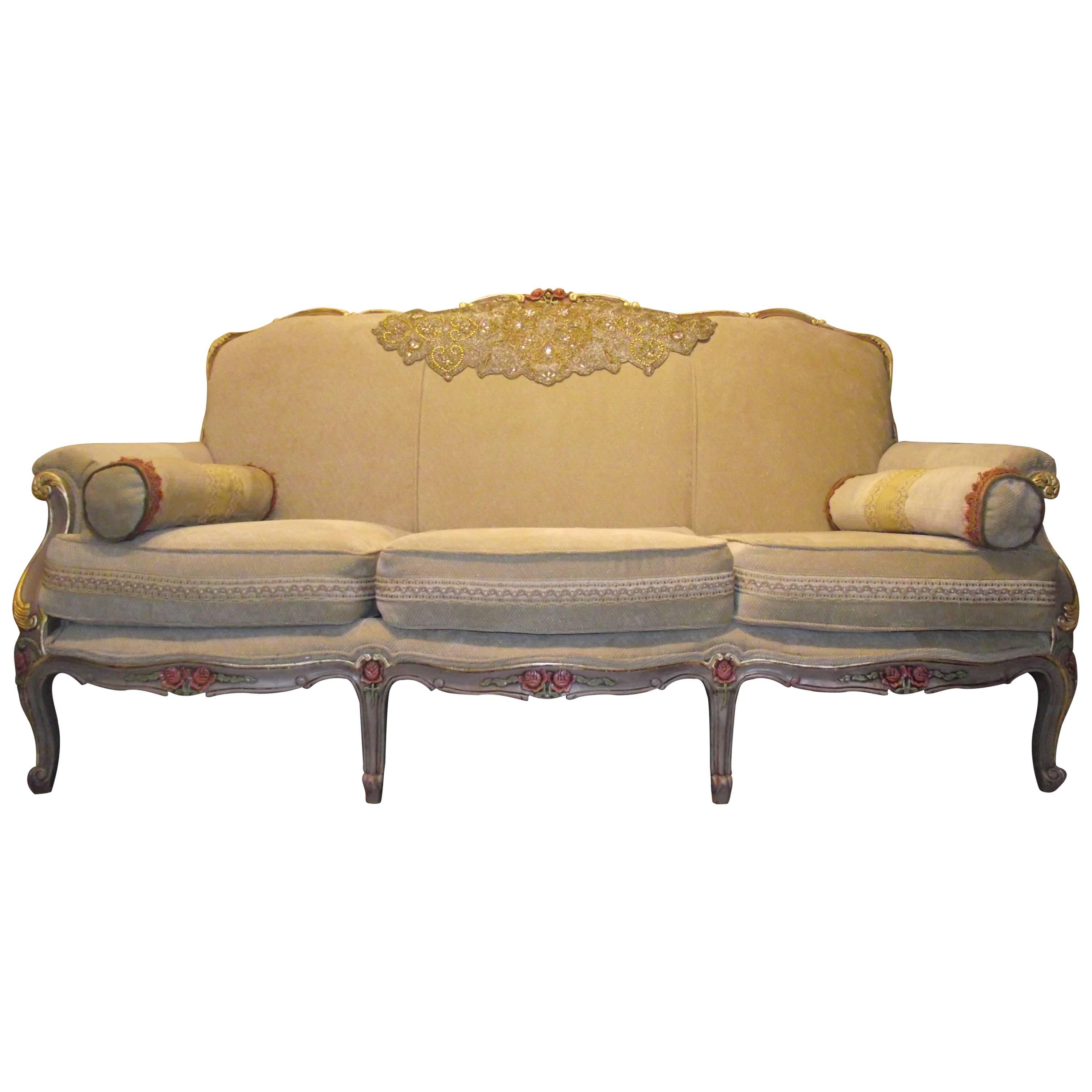 Napoleon III,  French Style Sofa, in beige chenille, frame has gold leaf accents For Sale
