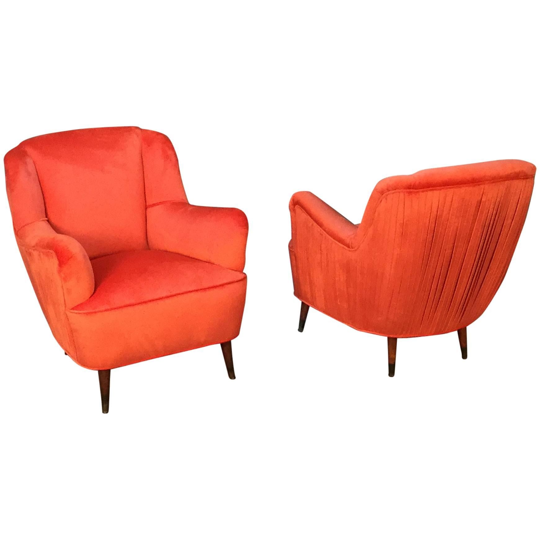 Pair of Velvet Pleated Back Italian Club Chairs in New Upholstery