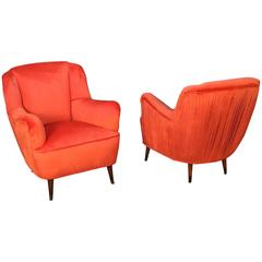 Pair of Velvet Pleated Back Italian Club Chairs in New Upholstery