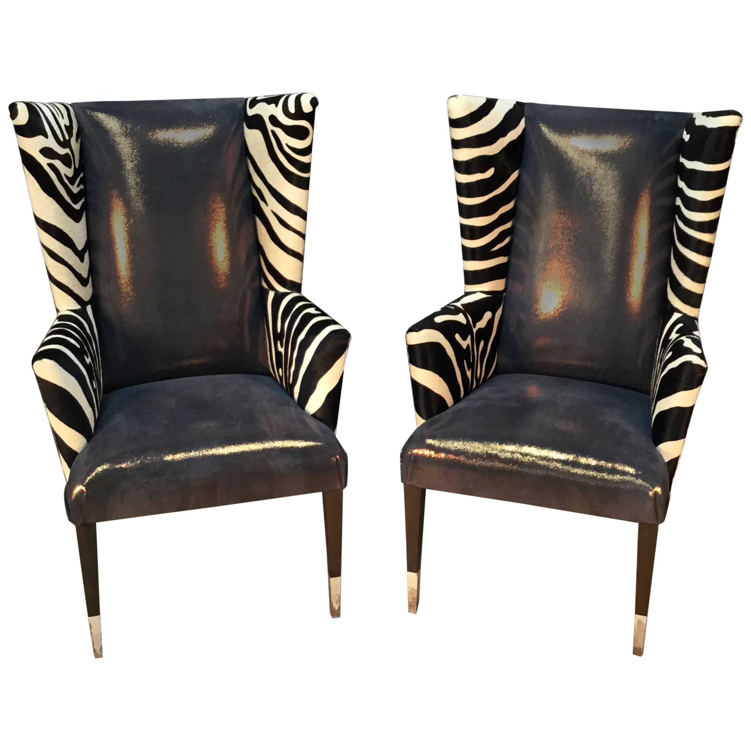 Pair of Modern Wingback Chairs in Zebra Printed Cowhide and Faux Shagreen