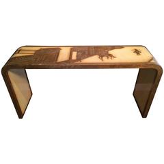 Unique Asian Inspired Console Table with Gold Chinese Landscape