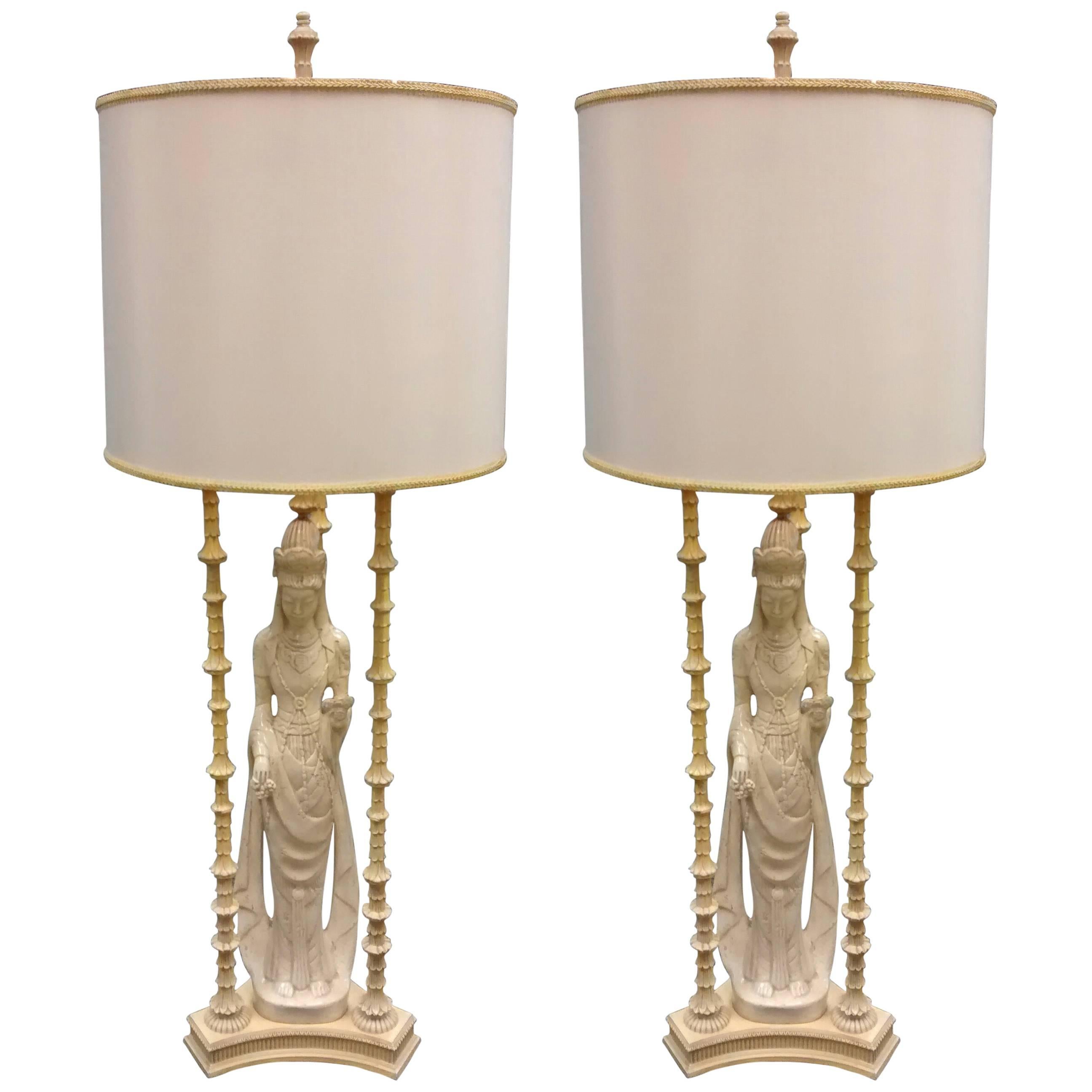 Pair of Monumental James Mont or Tony Duquette Style Quan Yin Table Lamps For Sale
