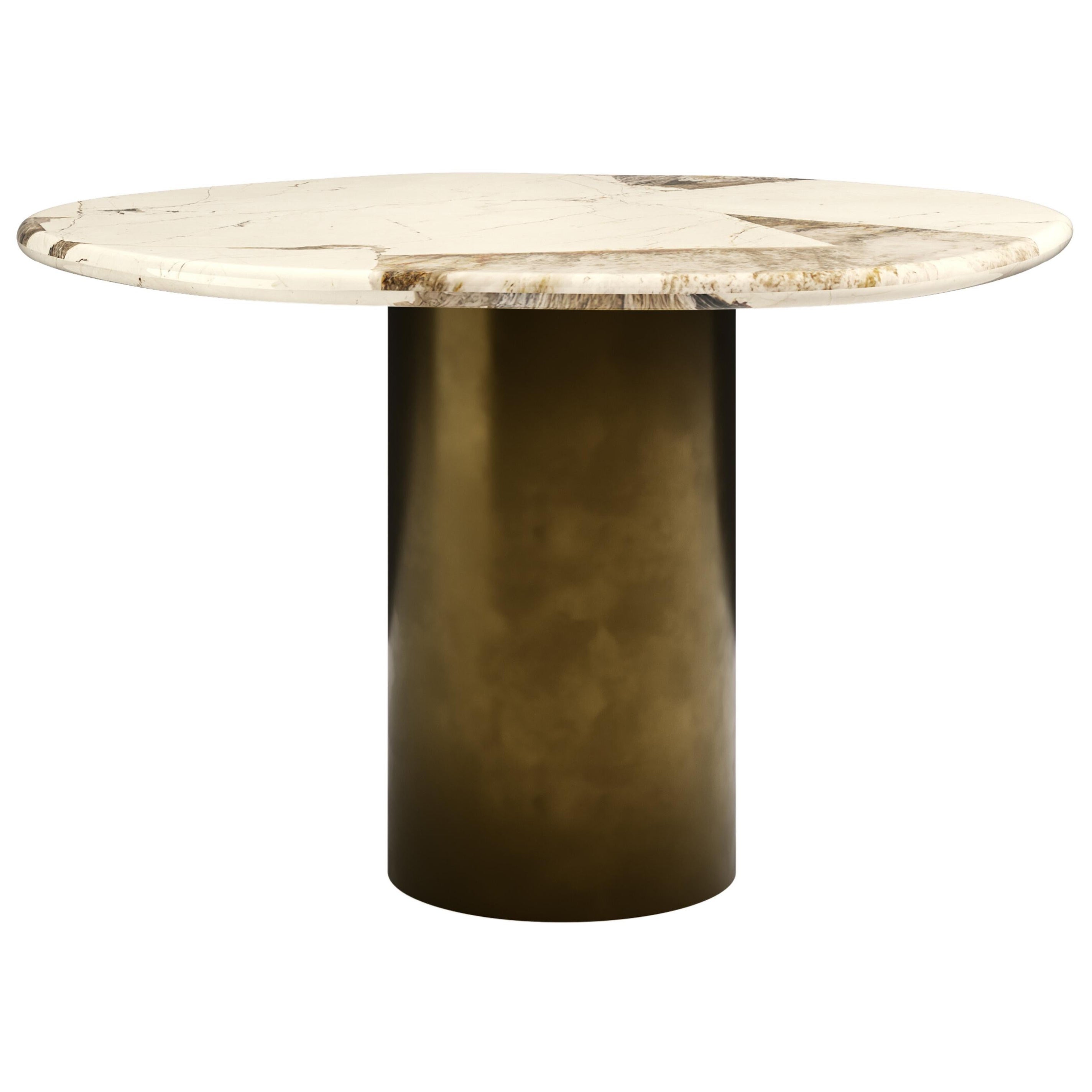 FORM(LA) Lago Round Dining Table 60”L x 60”W x 30”H Quartzite & Antique Bronze For Sale