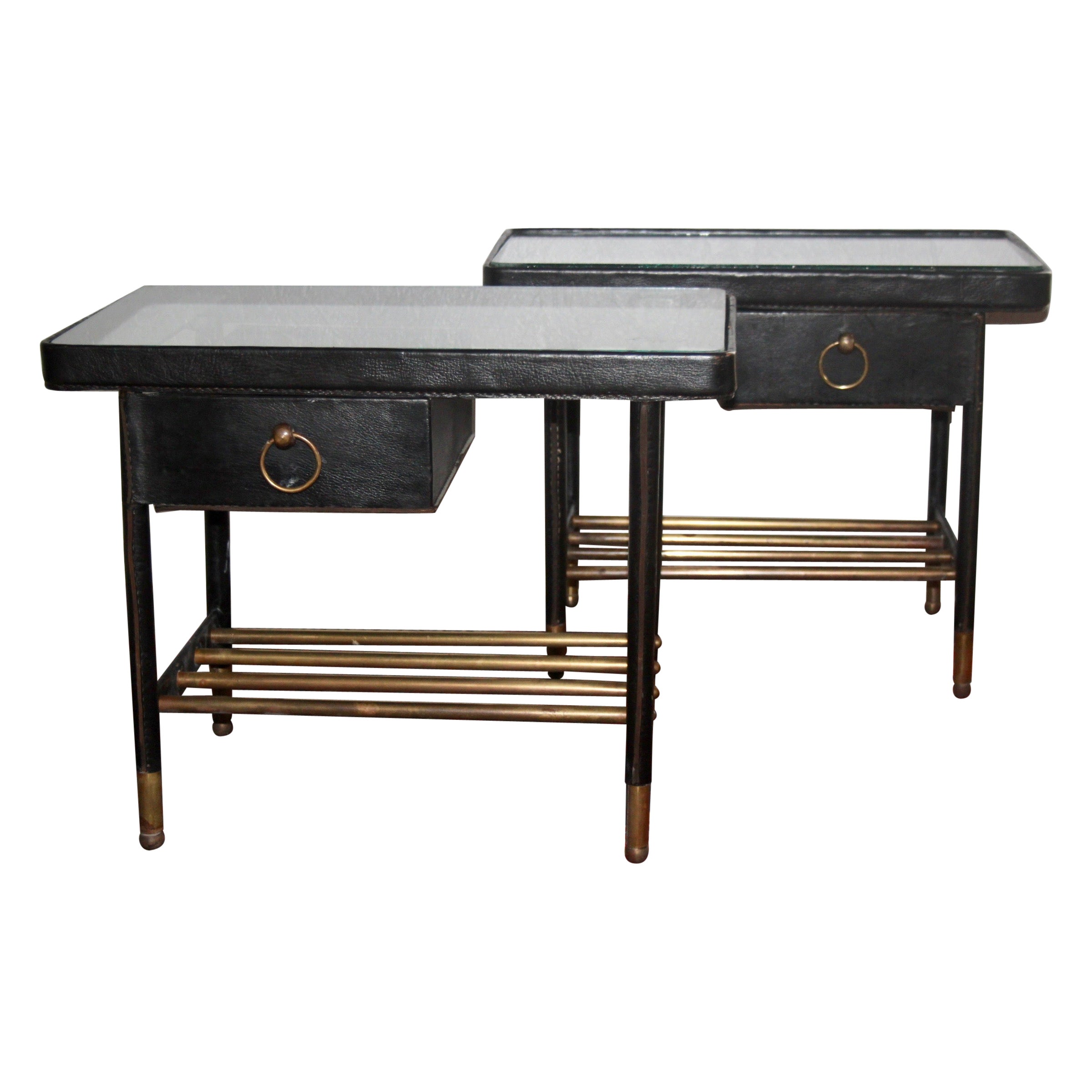 Jacques Adnet Hand-Stitched Black Leather pair of Night Stand, 1950's France