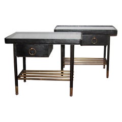 Vintage Jacques Adnet Hand-Stitched Black Leather pair of Night Stand, 1950's France