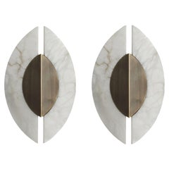 Pair of Linear Italian Alabaster Wall Sconce "Shield", Brushed Bronze