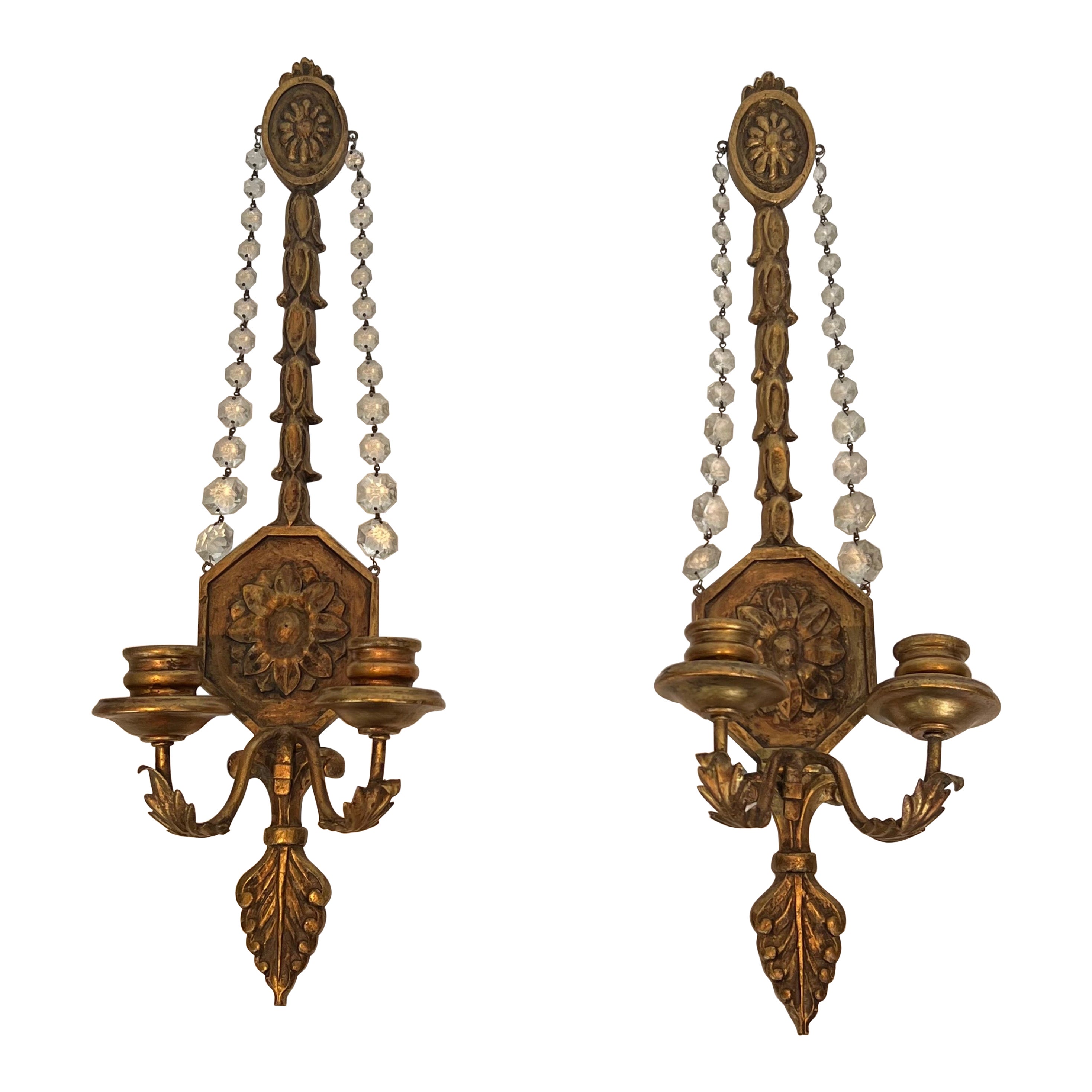 Important Pair of Louis the 16th Style Gilded Carved Wood Wall Sconces with Crys For Sale