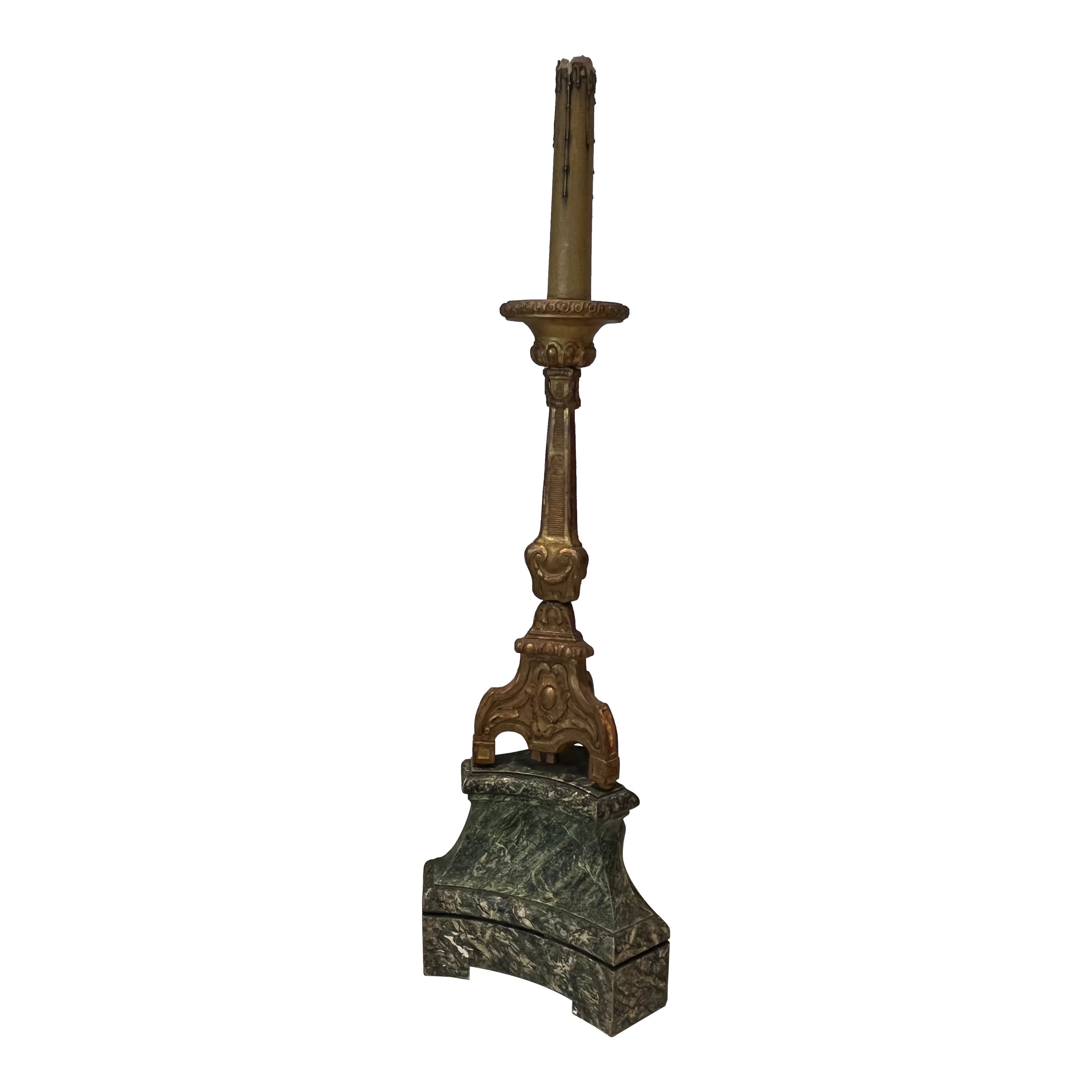 Tall Gilded Carved Wood Candelabra on a Patinated Base For Sale