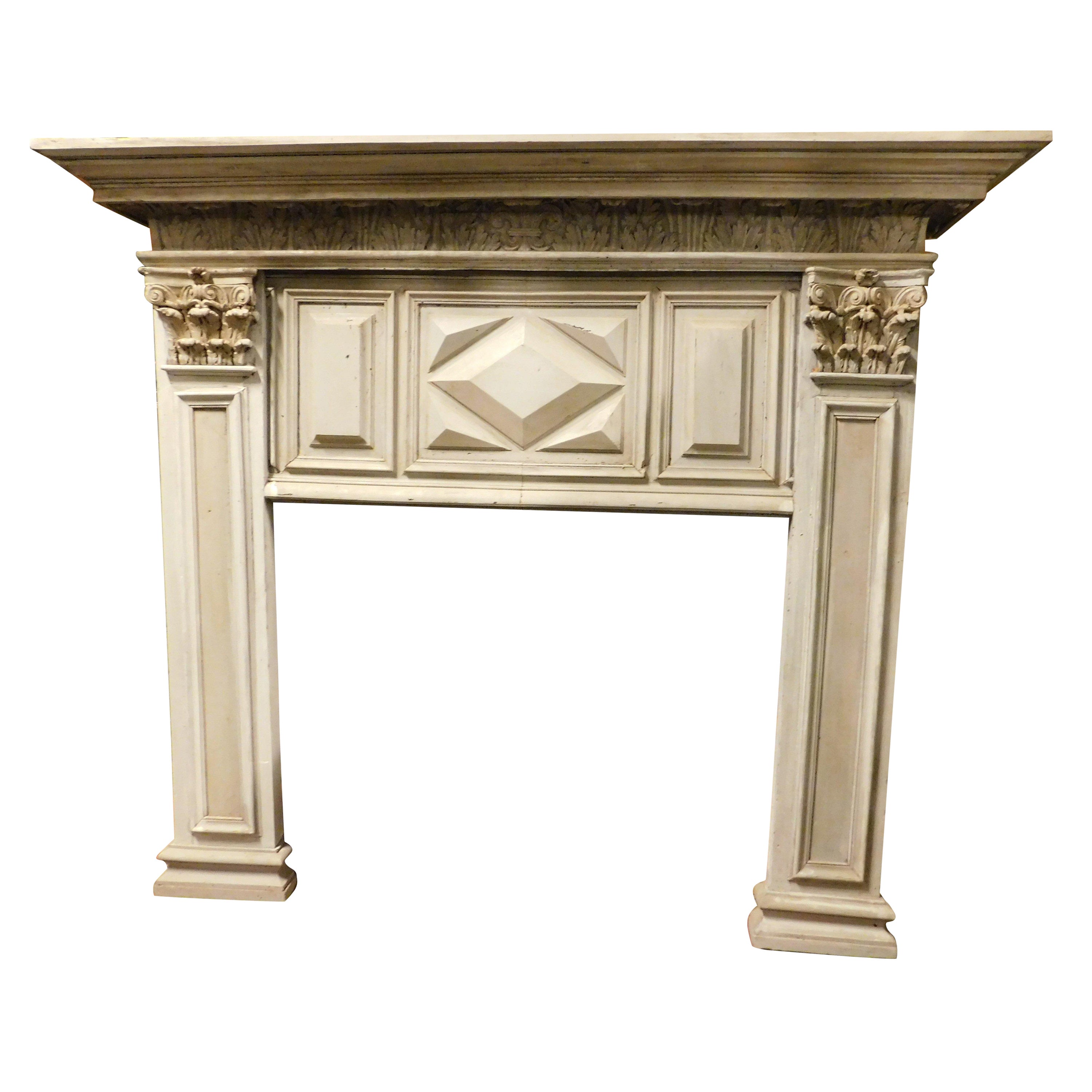 Fireplace in gray lacquered wood with sculpted panels, Italy For Sale