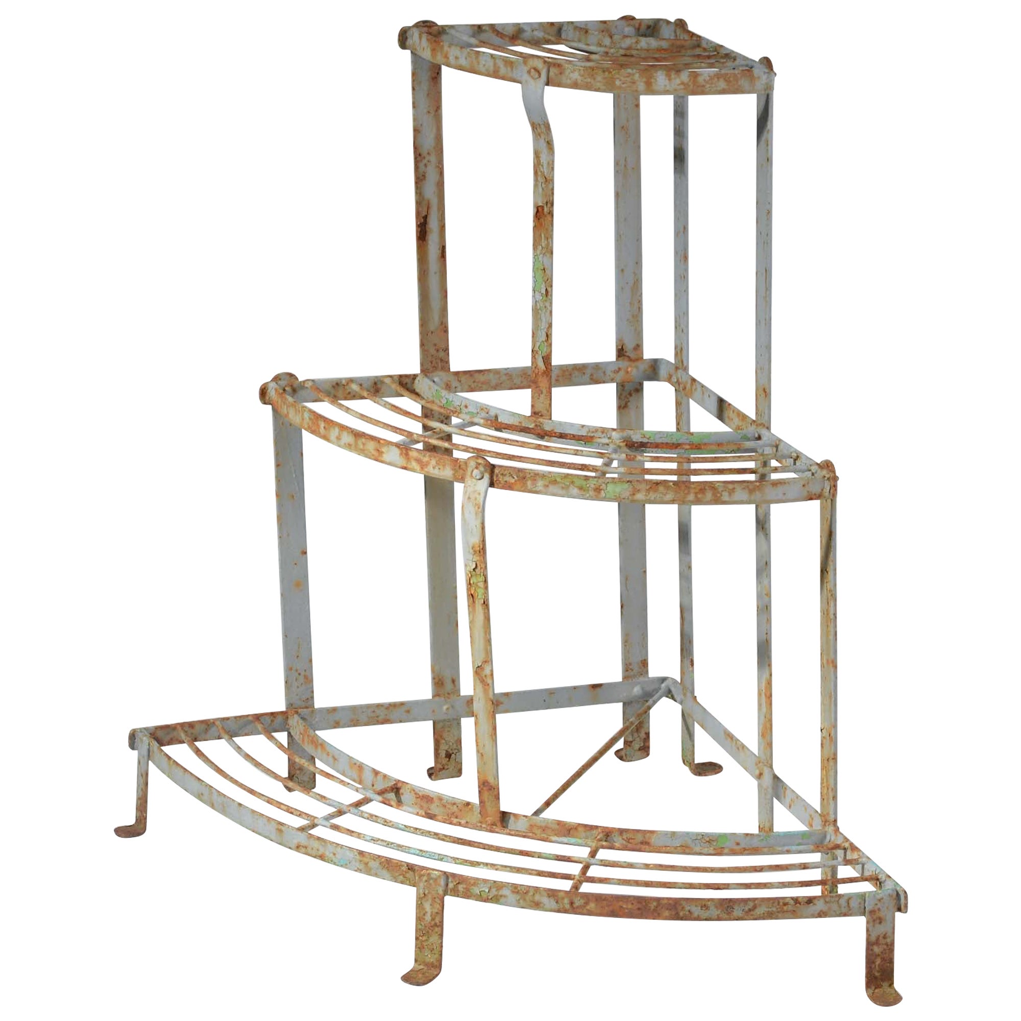 French three tier wrought iron corner plant pot stand For Sale