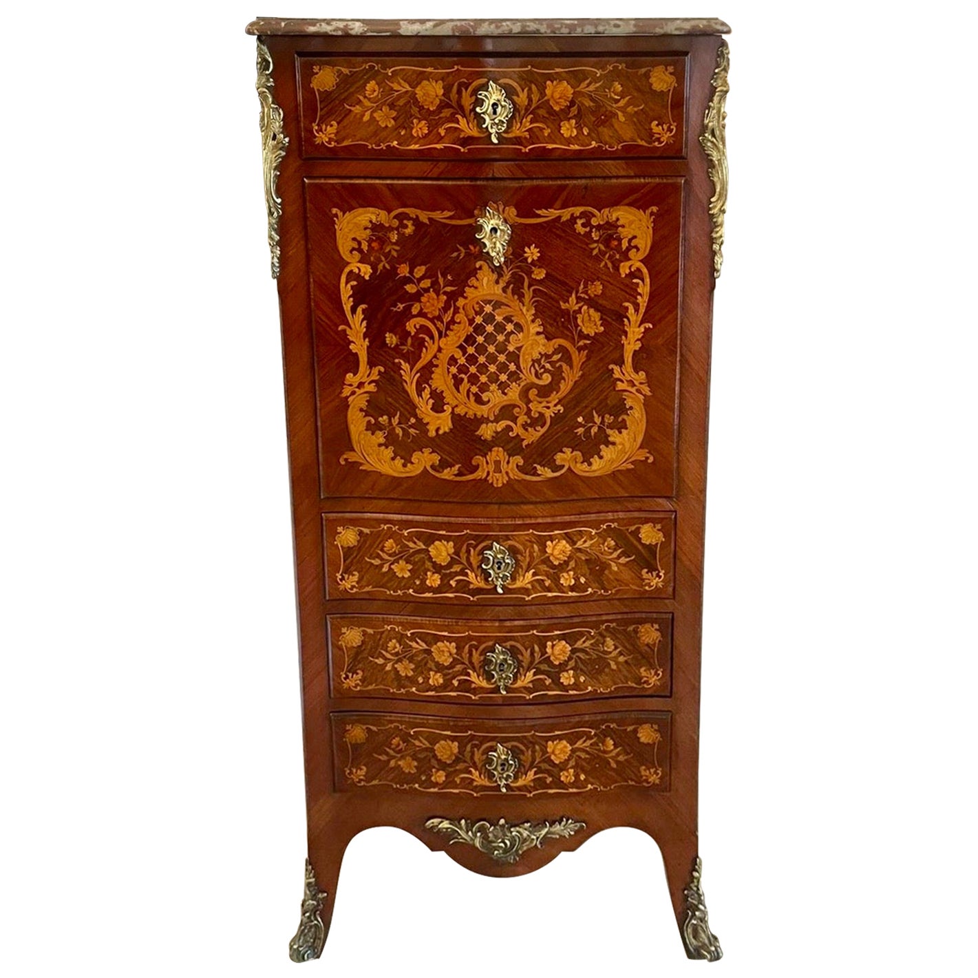 Antique French Quality Kingwood  Inlaid Marble Top Bombe Shaped Secretaire Chest For Sale