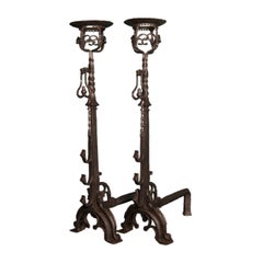 A Pair of Monumental Neo-Gothic Wrought-Iron Fireplace Andirons Fire Dogs