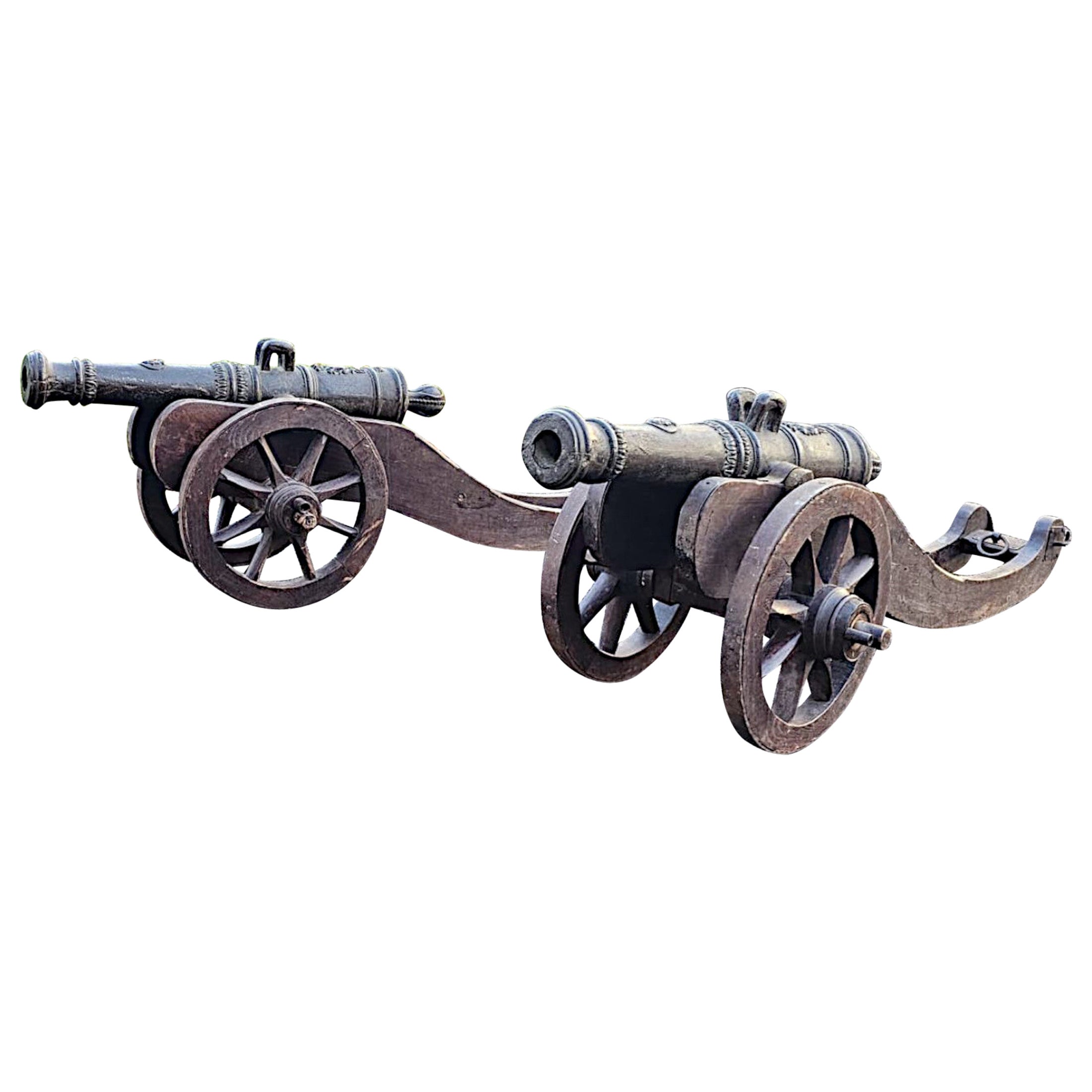 A Very Rare Pair of 19th Century Bronze Barrelled Signal Cannons on Timber Base For Sale