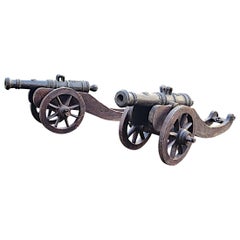 Paire très rare de canons de signal à canon en bronze du XIXe siècle sur socle en bois
