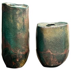 Raku Pair of Monumental Ceramic Vases with Metallic Glaze