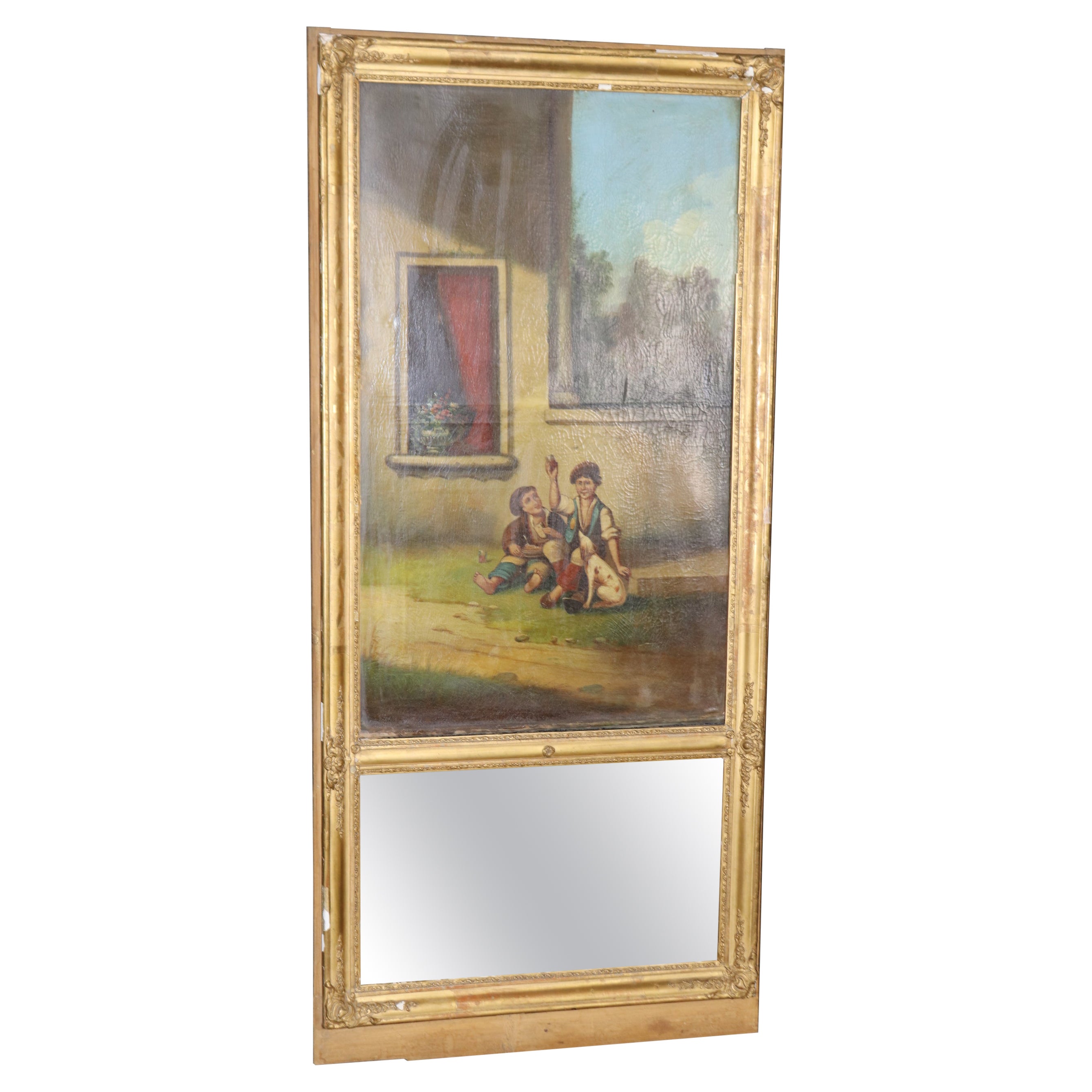   Fine Gilded Painted Trumeau Mirror with Two boys a Dog and their Sandwich For Sale