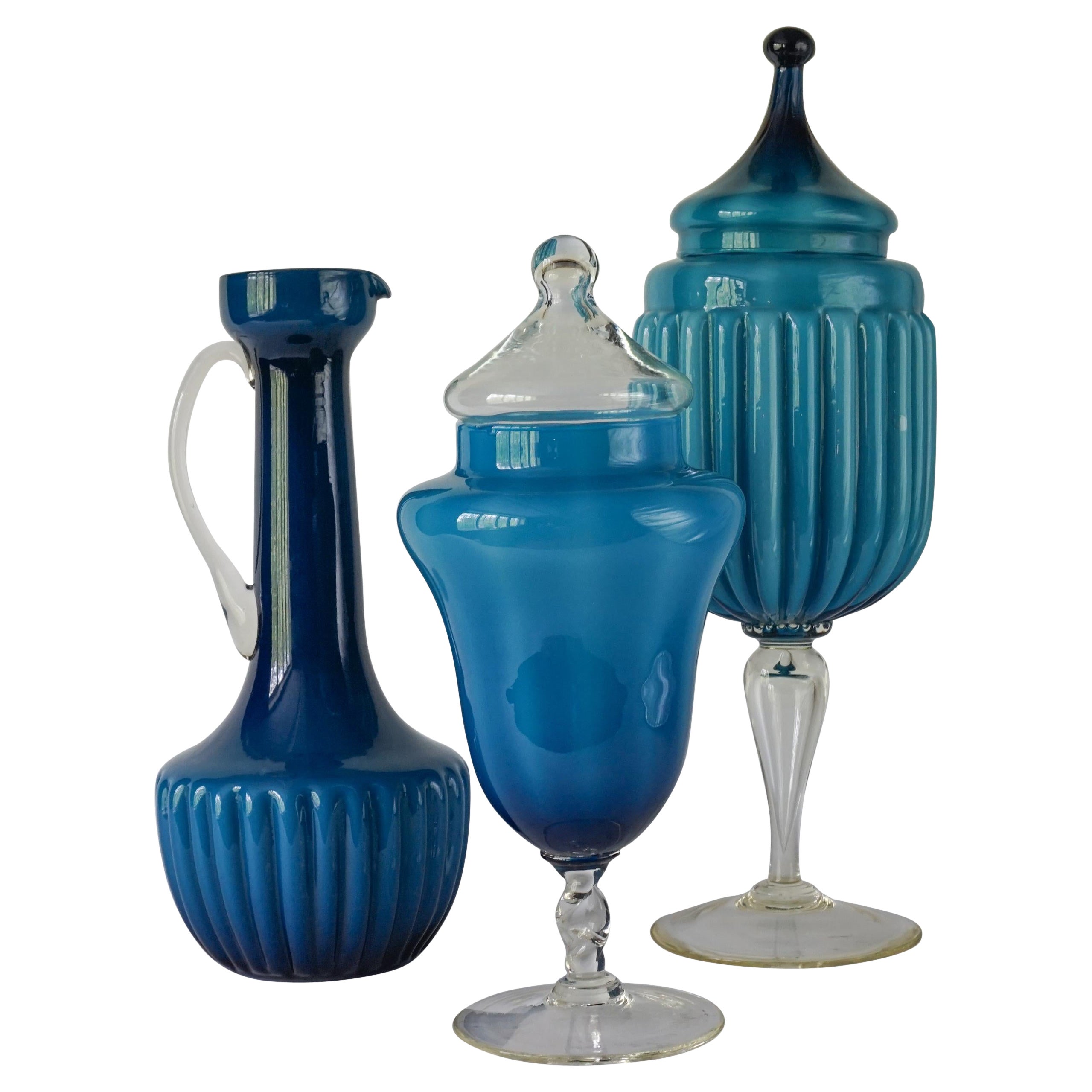 60s MCM Italian Blue Cased Empoli Glass Pitcher and Tent Lidded Apothecary Jars For Sale