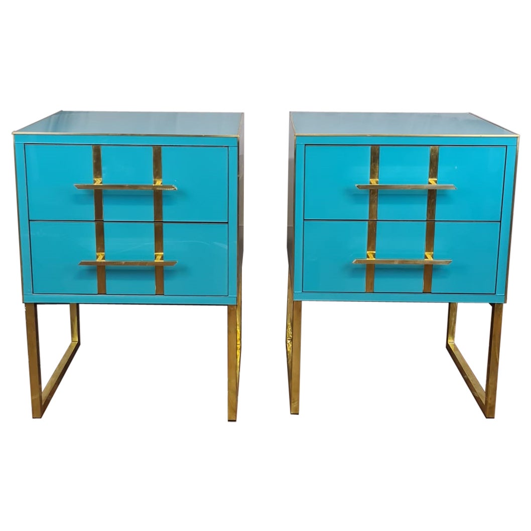 Light Blue Murano Glass Bedside Tables, Brass & Gray Velvet Interior Available For Sale
