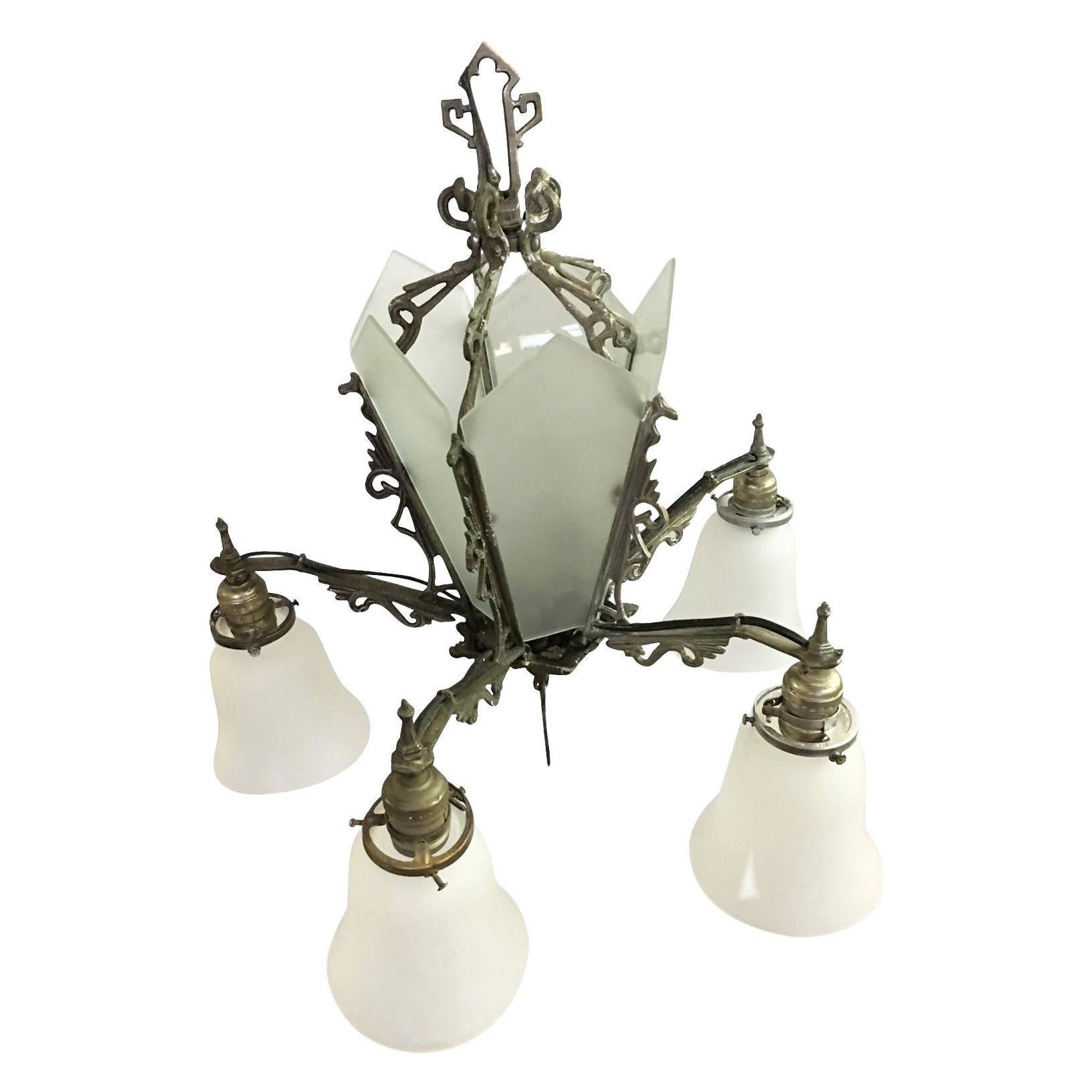 Art Deco Slat Glass Hanging Light Chandelier With Geometric Details For Sale