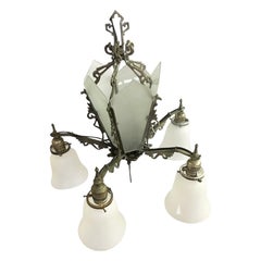 Antique Art Deco Slat Glass Hanging Light Chandelier With Geometric Details