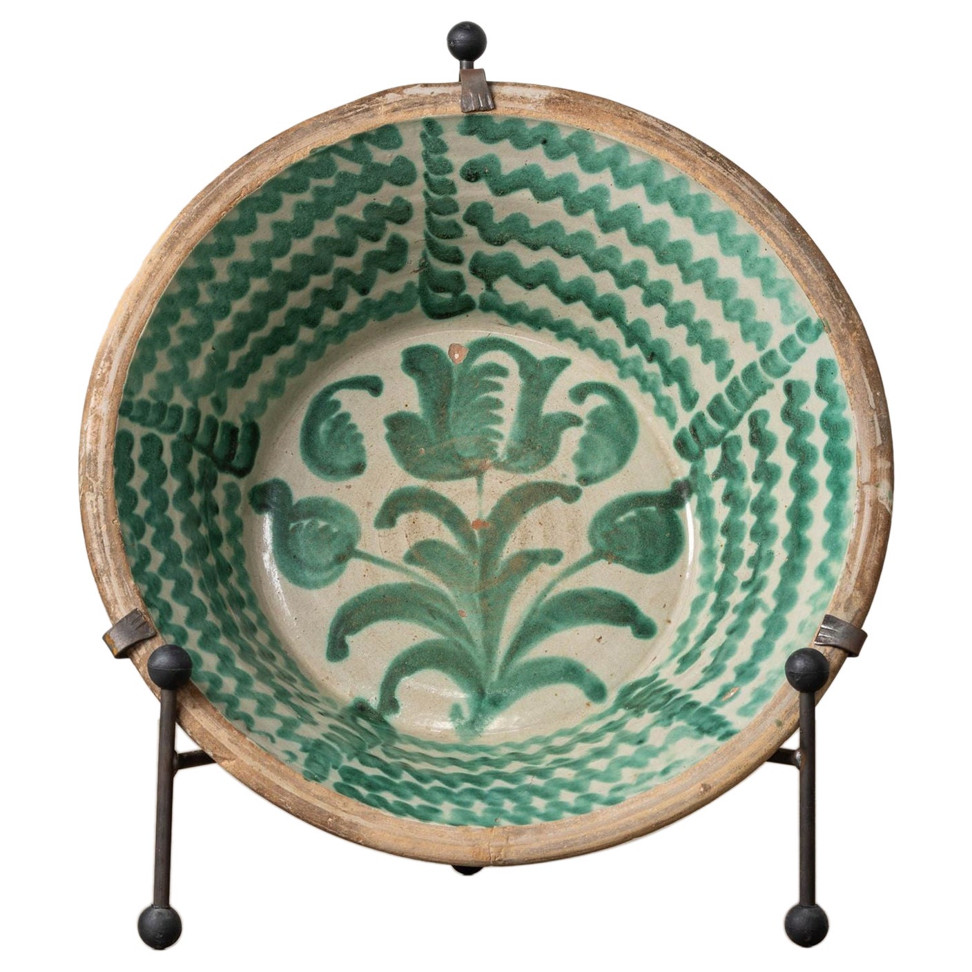 19th c. Large Spanish Green Fajalauza Lebrillo Bowl from Granada For Sale