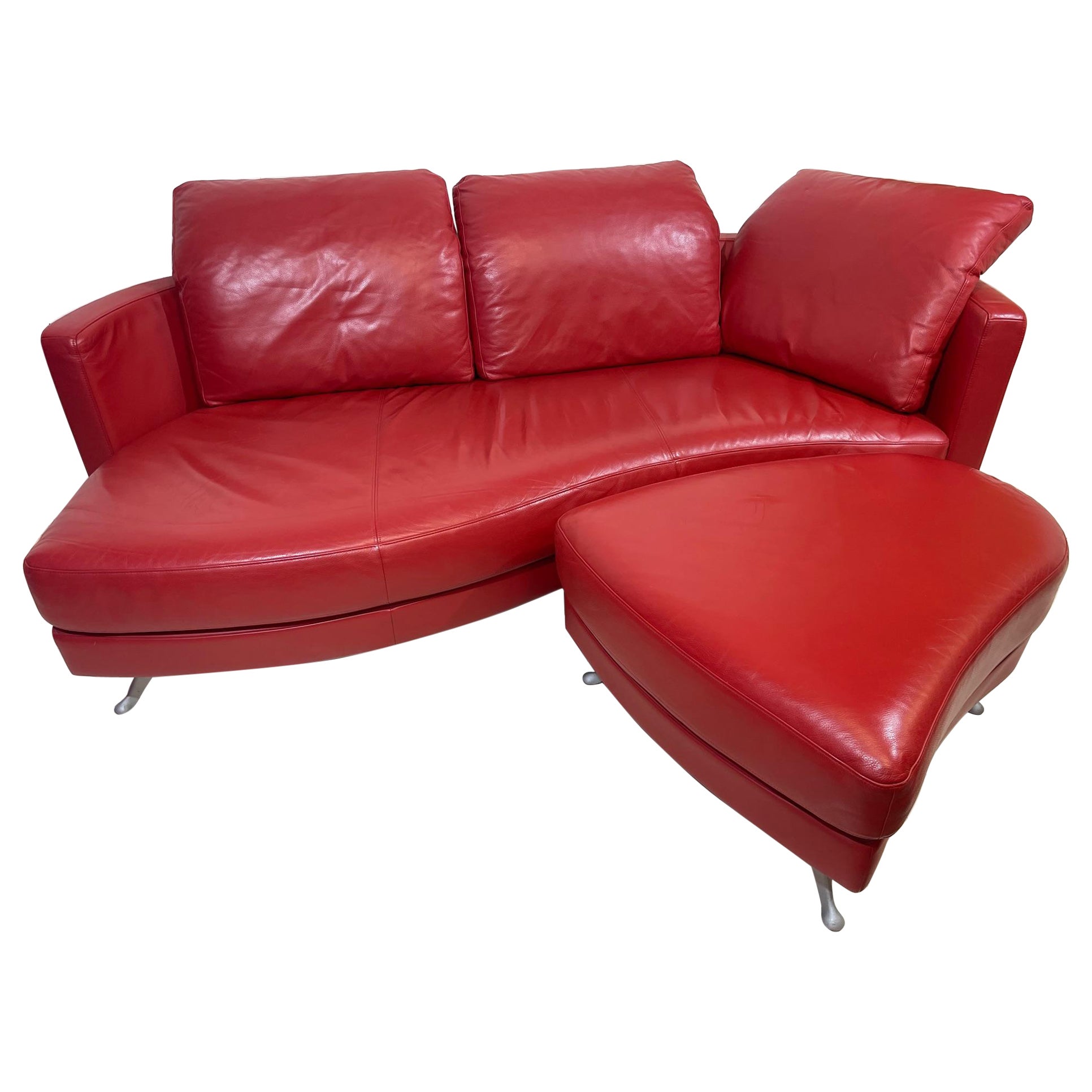 Contemporary Limited Edition Red Leather Sofa and Footstool Set by Rolf Benz For Sale