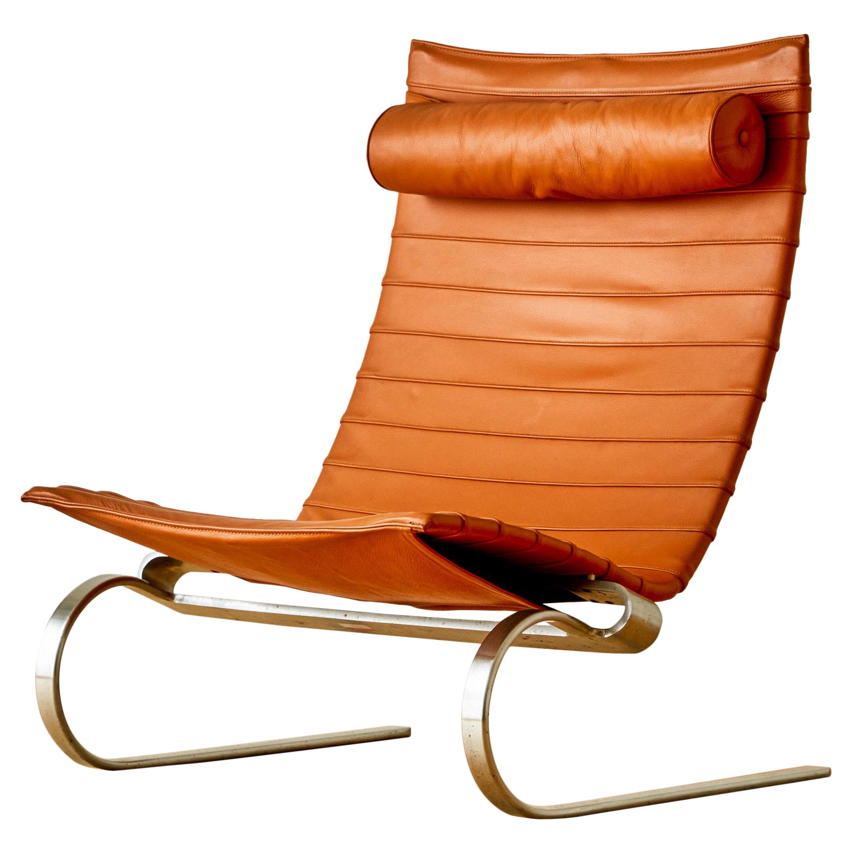 Chaise longuePK20 en cuir et métal chromé de Poul Kjaerholm pour la République