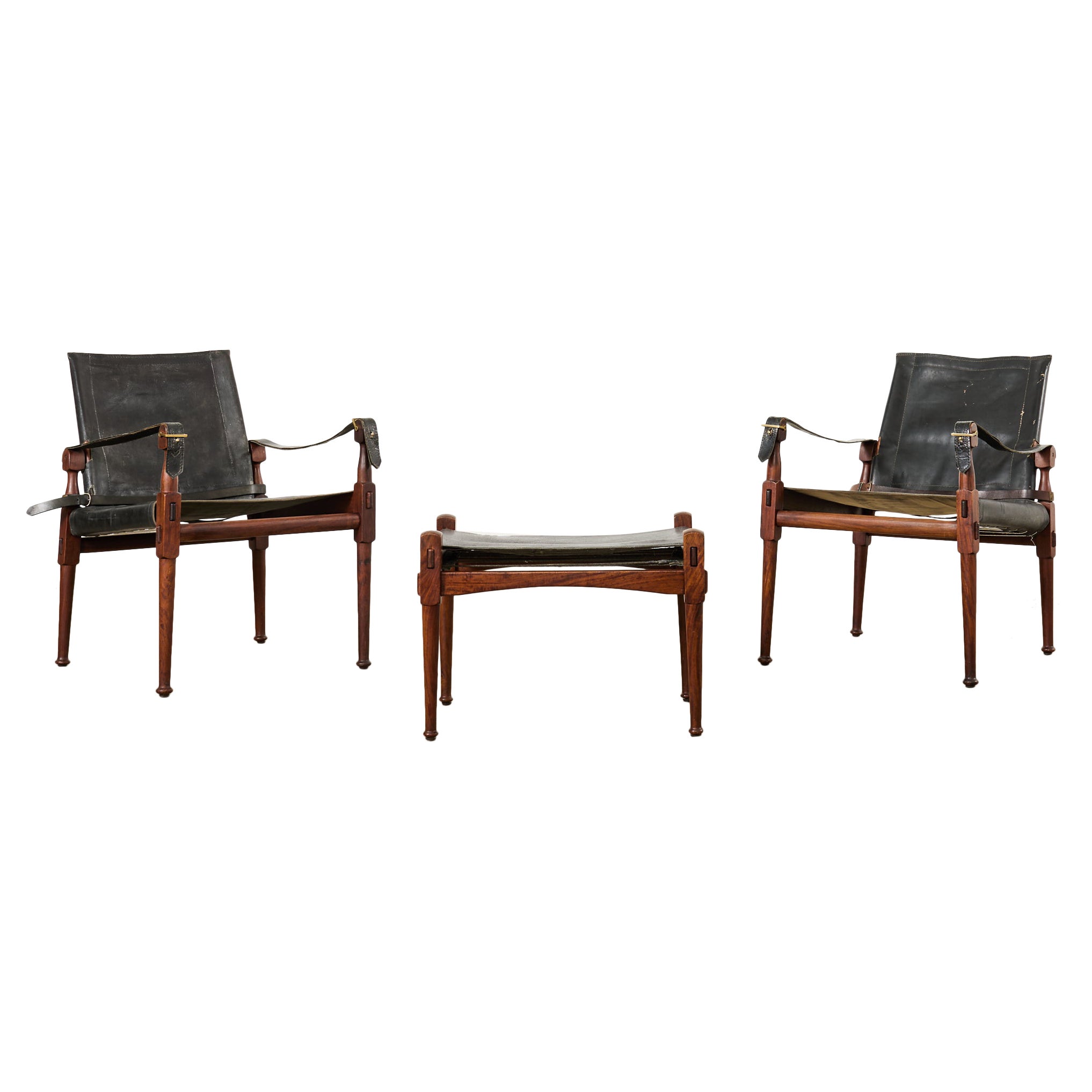 Pair of Hayat Bros. Leather Campaign Safari Chairs & Ottoman  For Sale