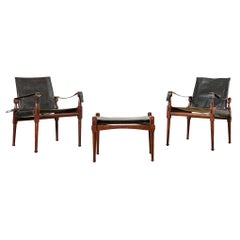 Vintage Pair of Hayat Bros. Leather Campaign Safari Chairs & Ottoman 