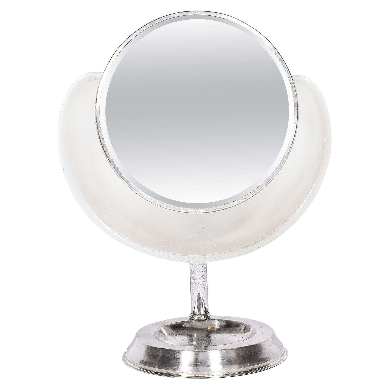 Art Deco Round Frosted Glass and Chrome Vanity Mirror For Sale