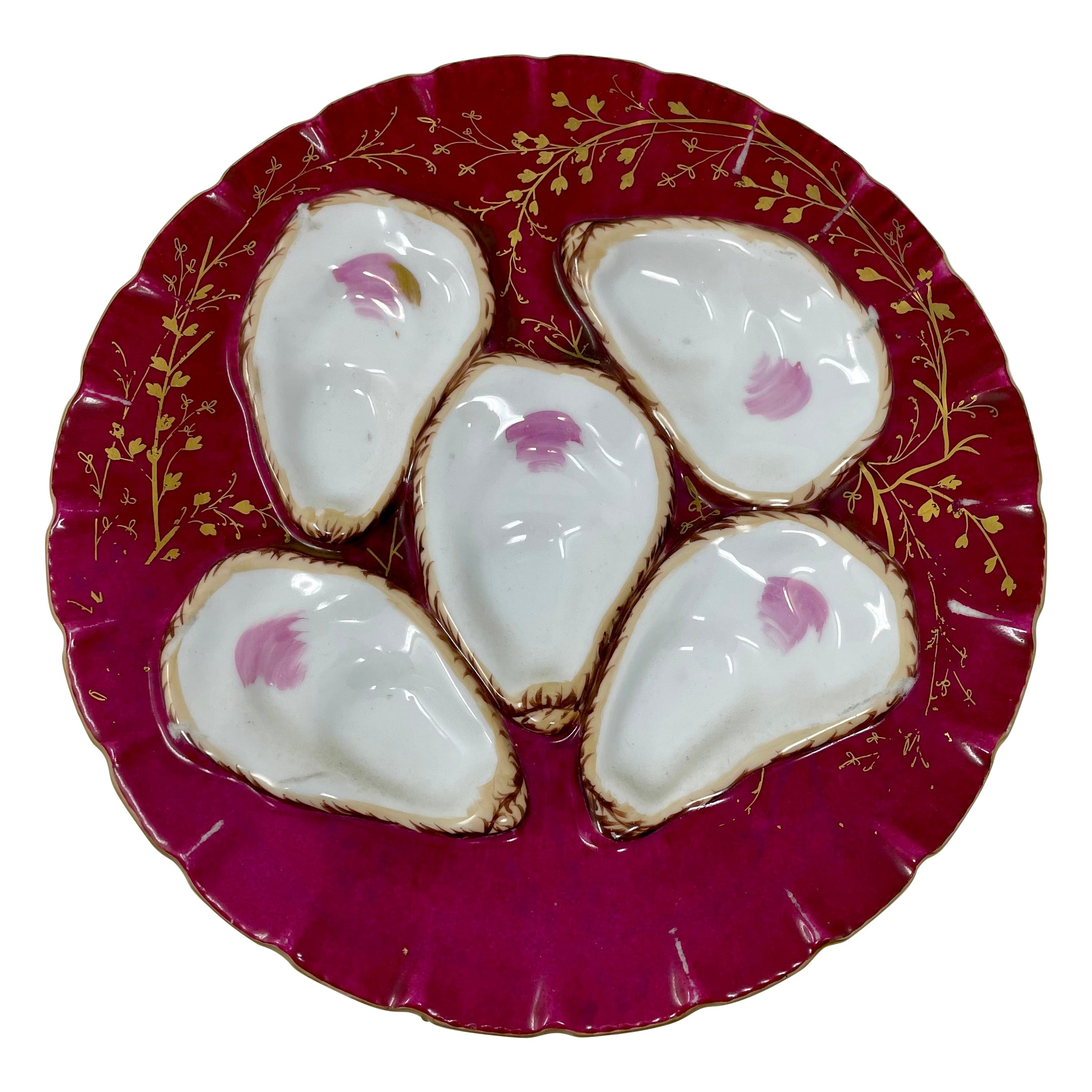 Antique Continental Porcelain Raspberry Red & Gold Oyster Plate, Circa 1880's. For Sale