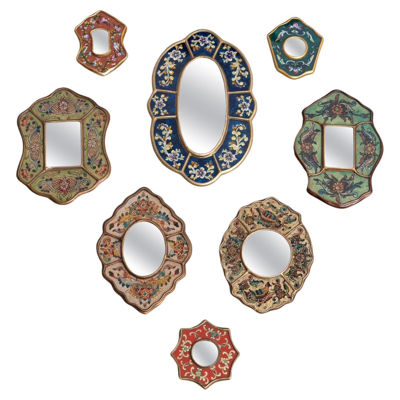 Set of Eight Vintage Peruvian Mid-Century Hand-Painted Wooden Wall Mirrors For Sale