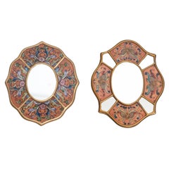 Juego de dos espejos de pared vintage peruanos de mediados de siglo pintados a mano en madera