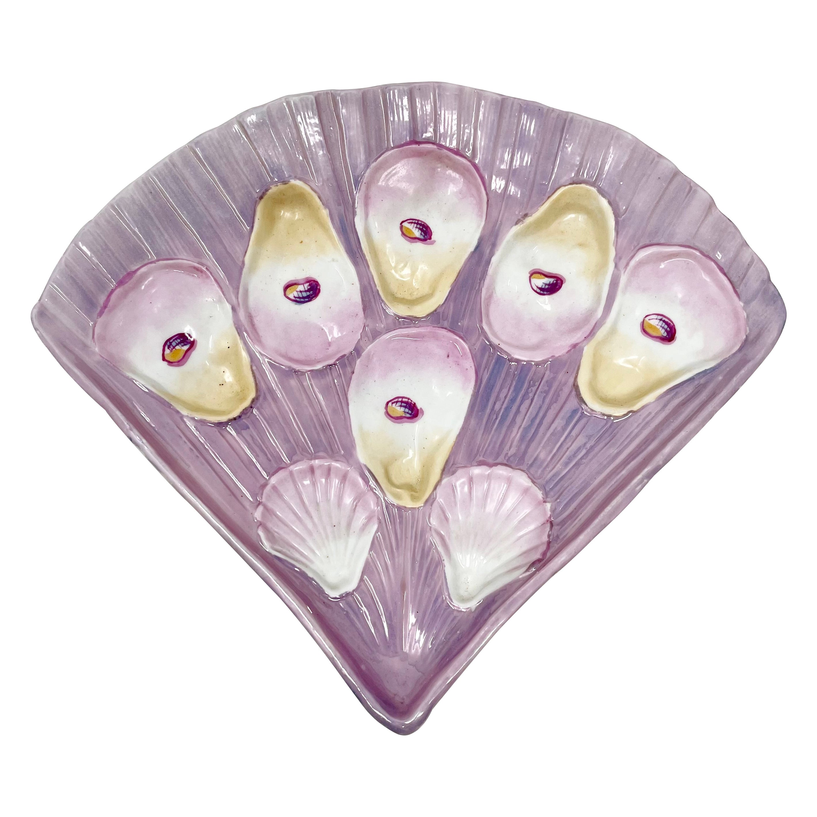 Antique German Porcelain Fan-Shaped Pink Luster Oyster Plate, Circa 1890. For Sale
