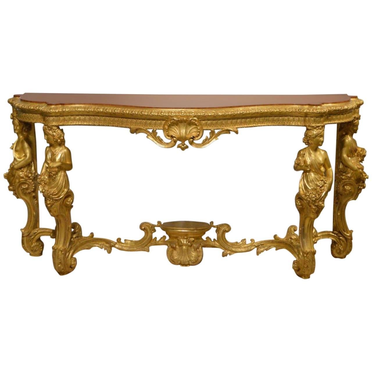 Superb 19th Century French Baroque Style Gilt-Wood Serpentine Console Table