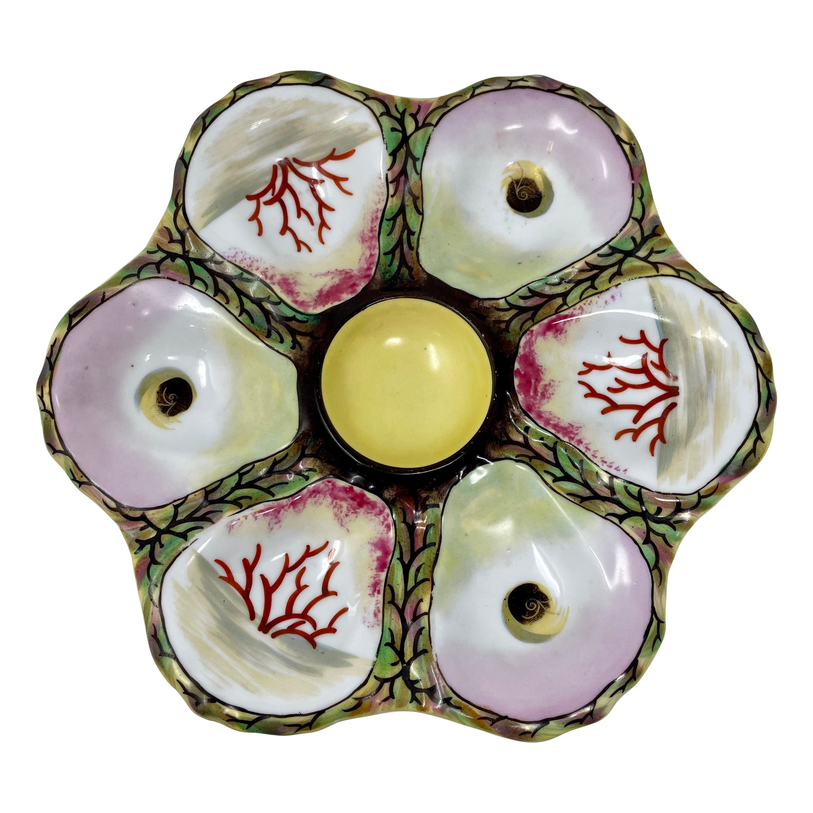 Antique German Hand-Painted Multi-Colored Porcelain Oyster Plate, Circa 1880.