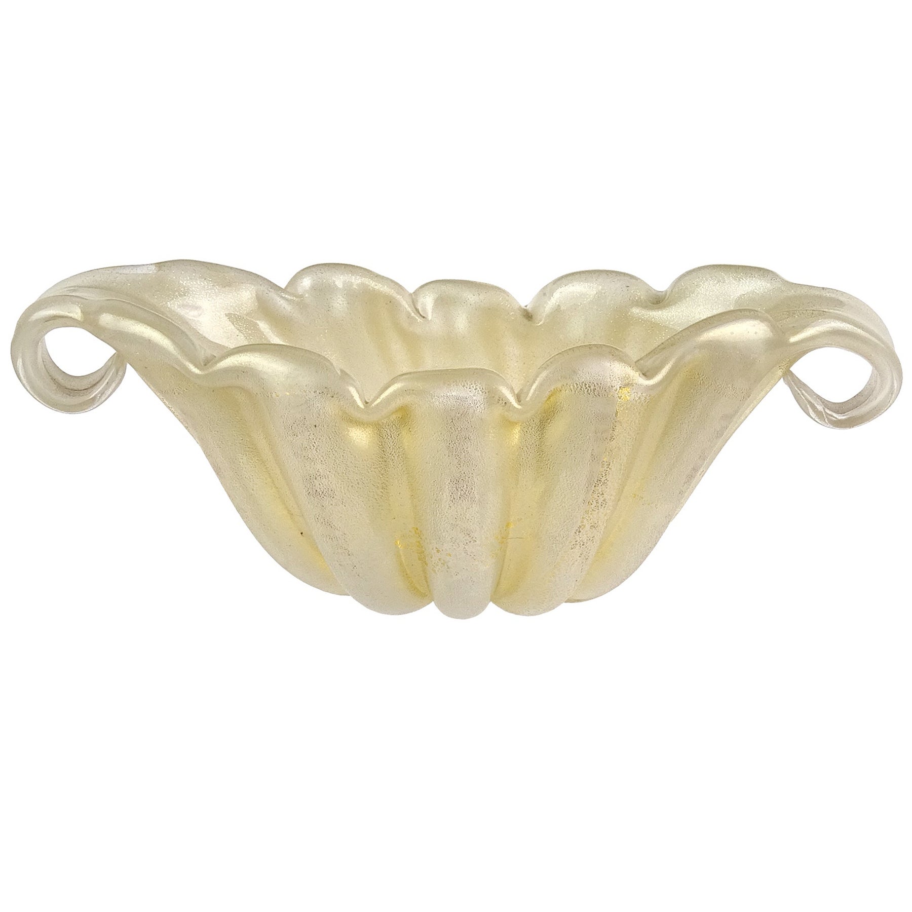 Barovier Toso Murano White Gold Flecks Italian Art Glass Flared Scallop Rim Bowl For Sale