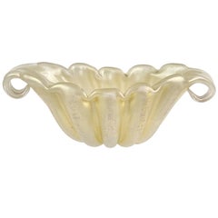 Used Barovier Toso Murano White Gold Flecks Italian Art Glass Flared Scallop Rim Bowl