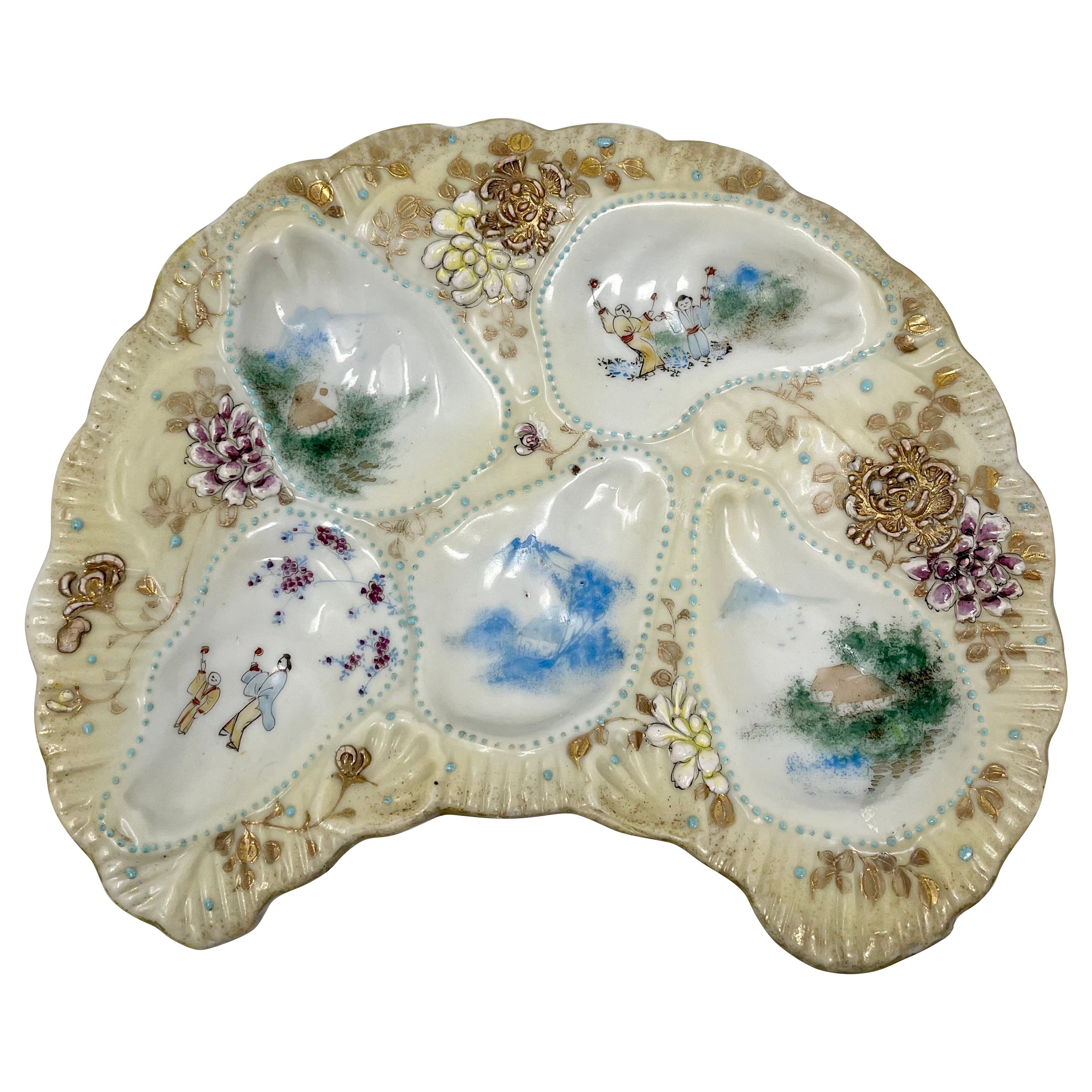 Antique Japanese Kutani Porcelain Crescent-Shaped Jeweled Oyster Plate, Ca. 1890 For Sale
